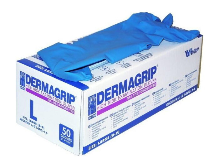 Перчатки латексные неопудренные DERMAGRIP HIGH RISK  (8½ (L)), 25 пар (50 штук) в блоке